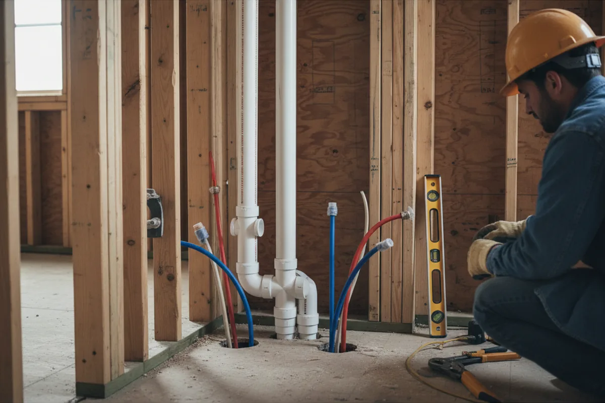 Drain and supply rough-in during Sump Pump Repair in Belmont
