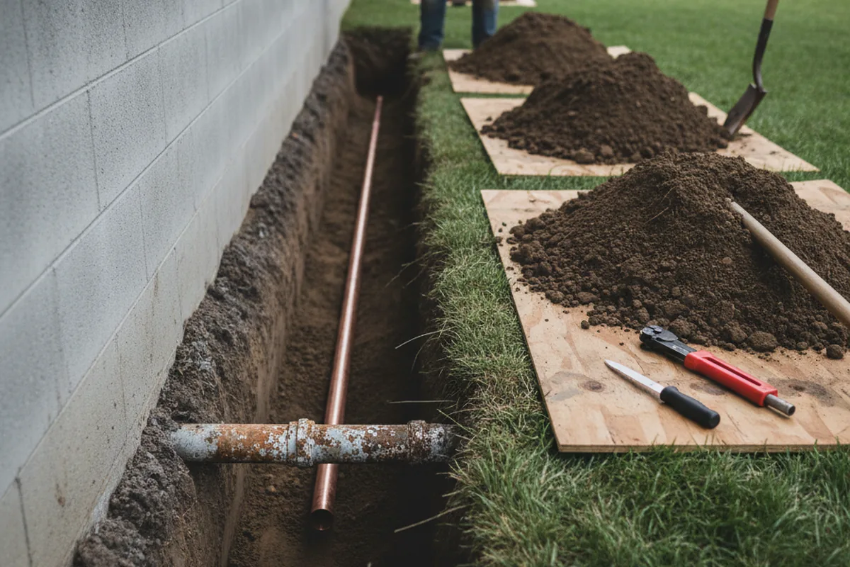 Excavated water line trench during Water Heater Repair in Belmont